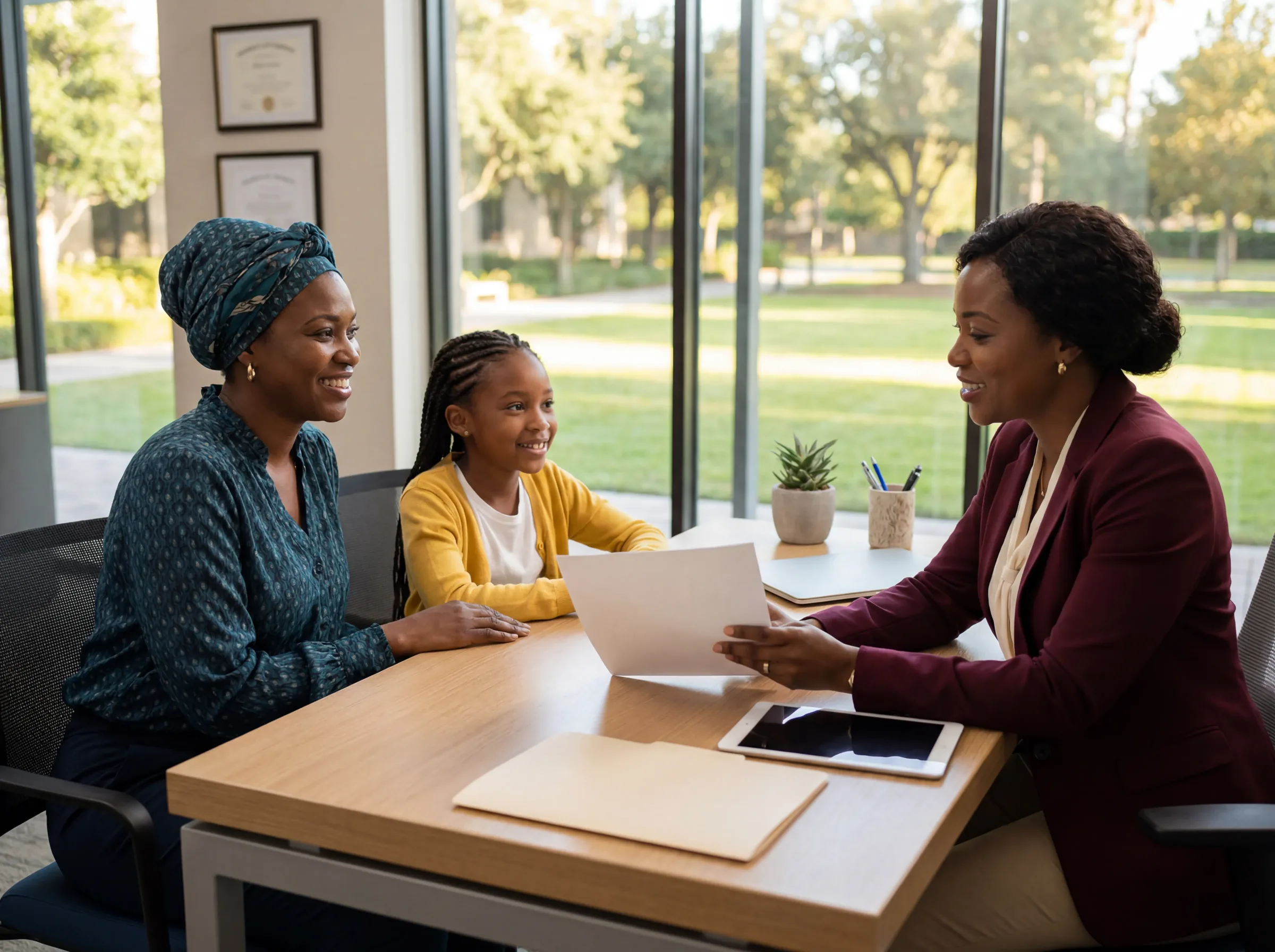 A parent and student reviewing enrollment details with a school administrator